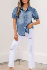 Frilled Short Sleeve Snap Button Denim Shirt