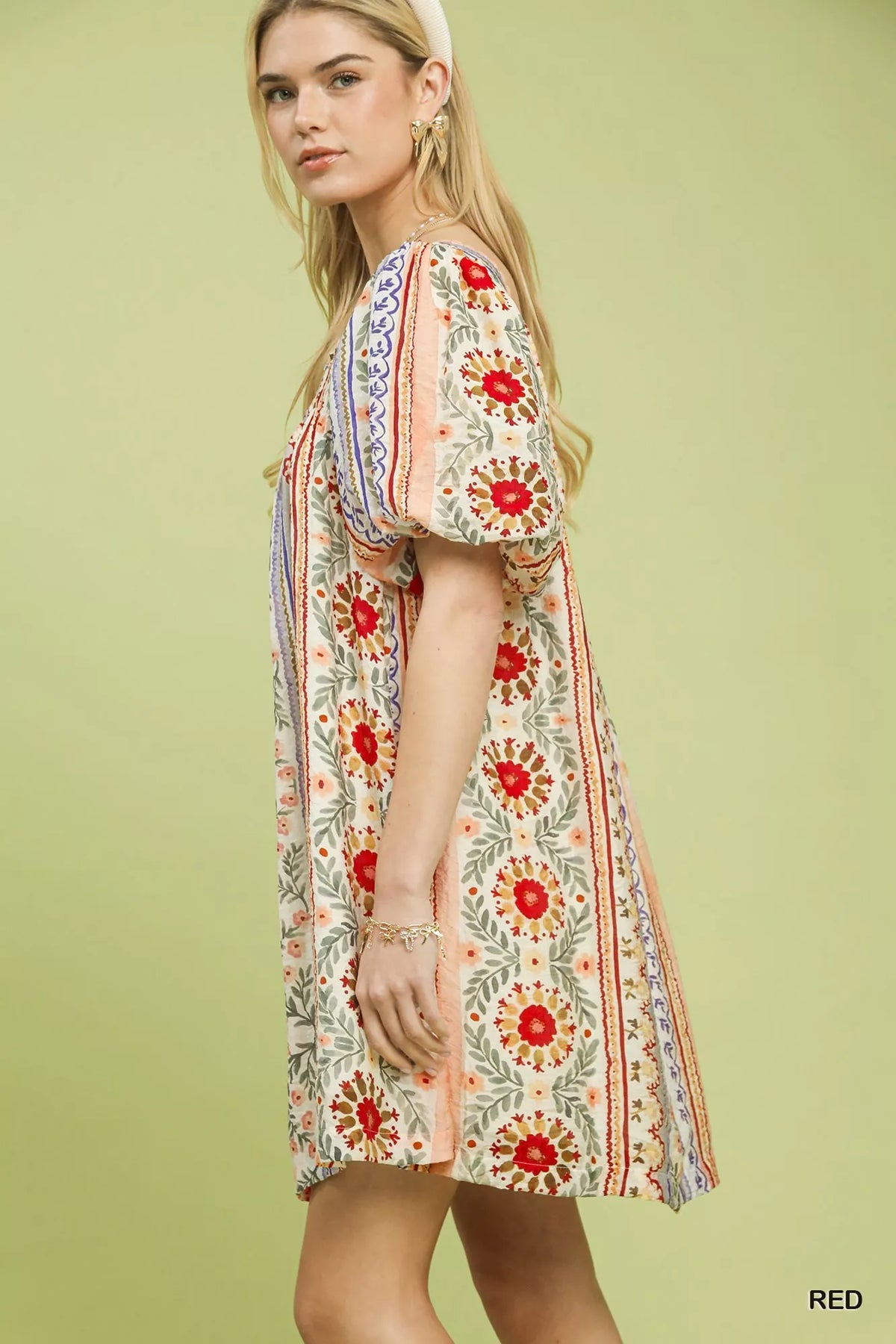 Umgee Mixed Print Puff Sleeve Mini Dress