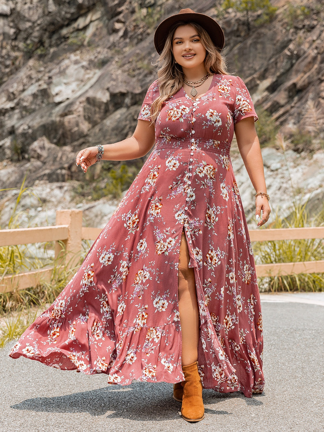 Plus Size Floral Slit Ruffle Hem Dress - Ladyez