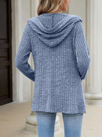 Ribbed Knit Hooded Button-Down Cardigan