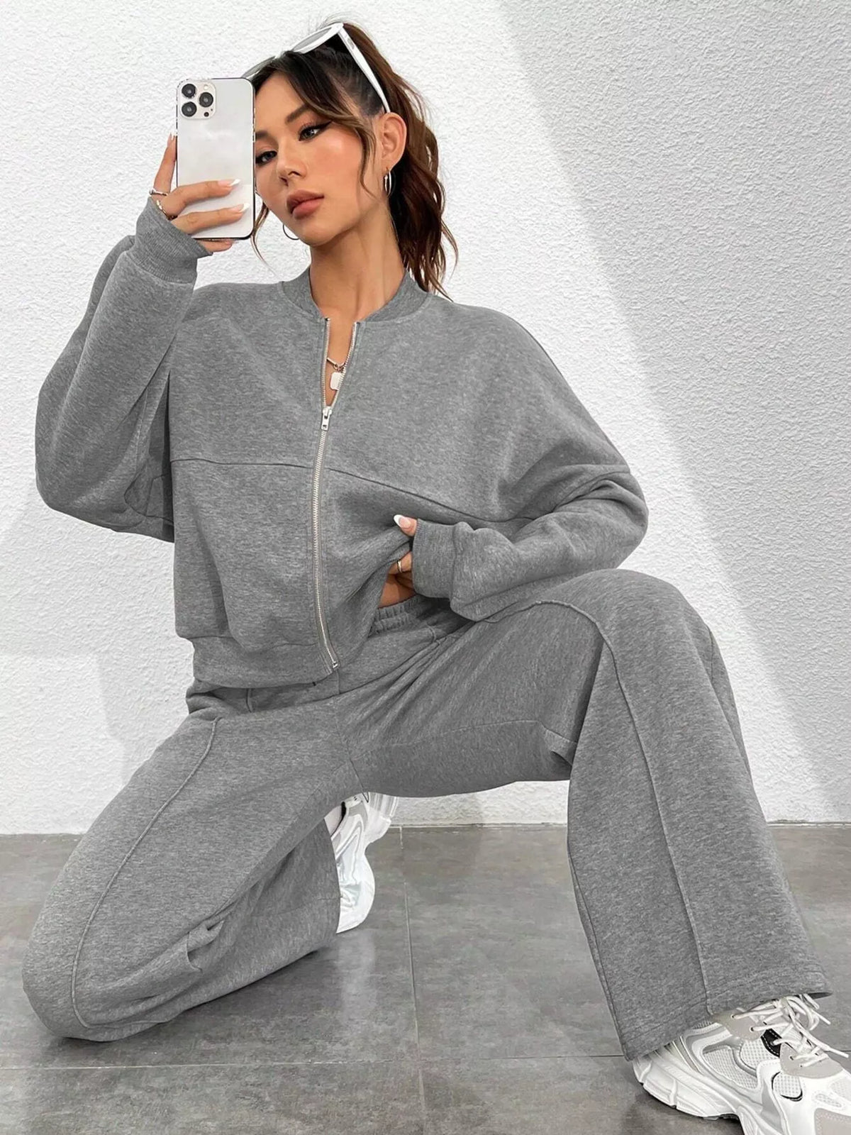 Casual Solid Color Zipper Jacket and Wide Leg Pants Set