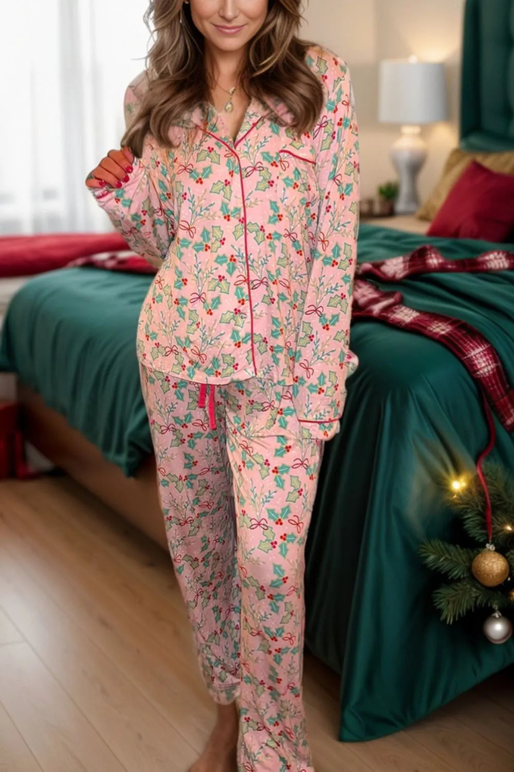 Printed Collared Neck Long Sleeve Top and Pants Lounge Set - Ladyez