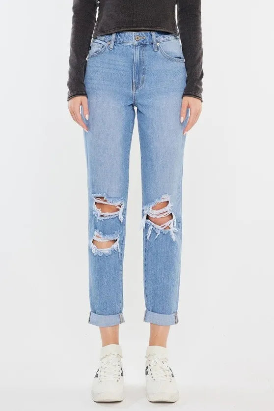 Kancan High Rise Distressed Mom Jeans - Ladyez