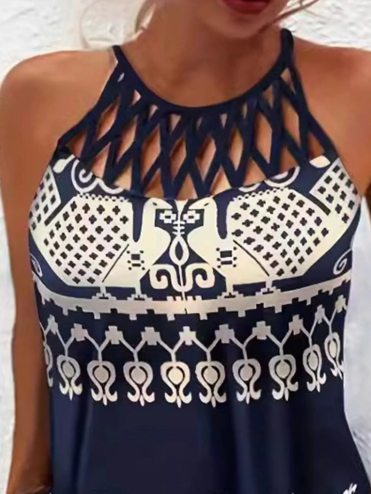 Tropical Leaf Print Halter Neck Mini Dress with Cutout Detail - Ladyez