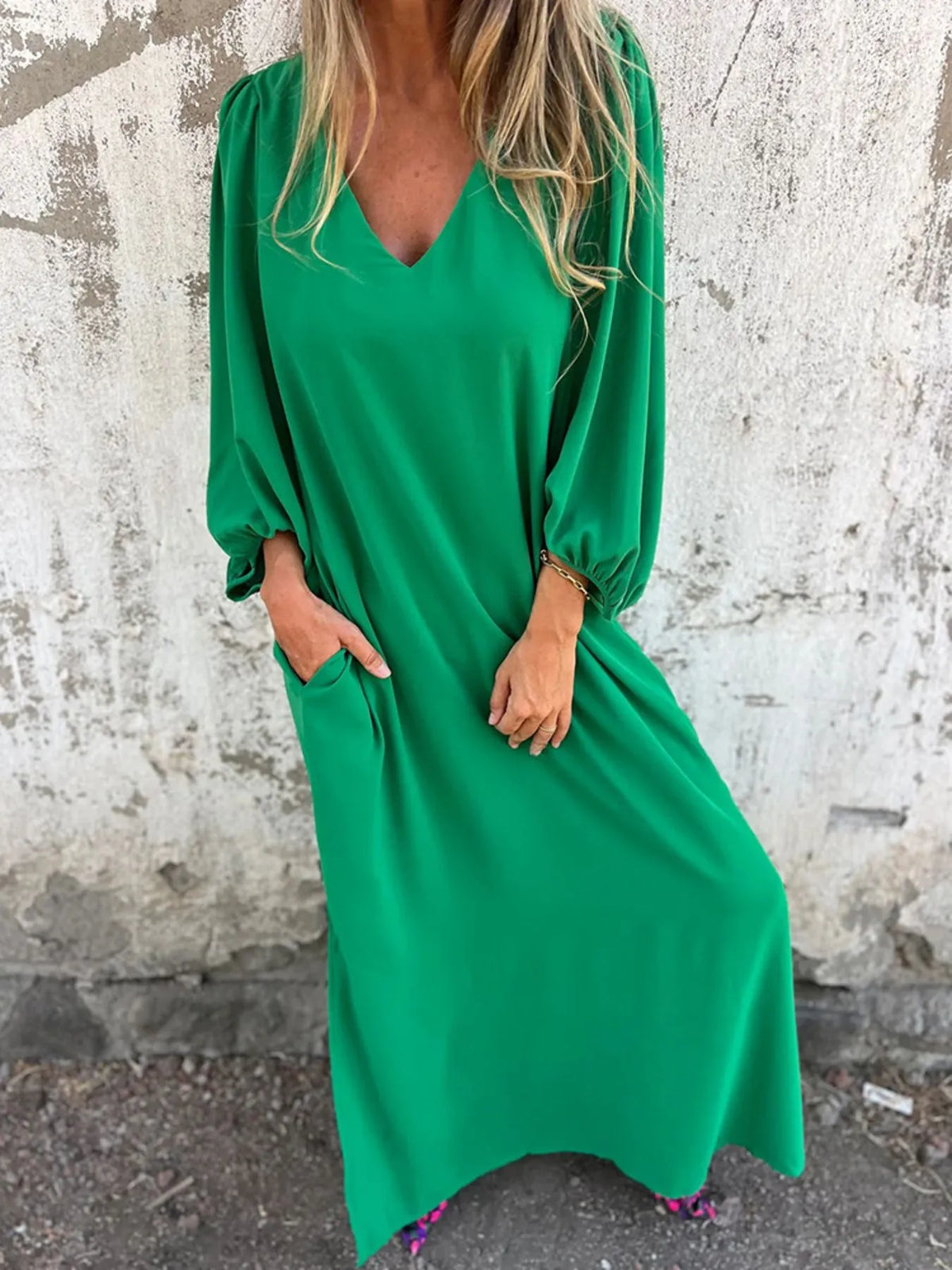 Full Size Slit V-Neck Balloon Sleeve Midi Dress Plus Size