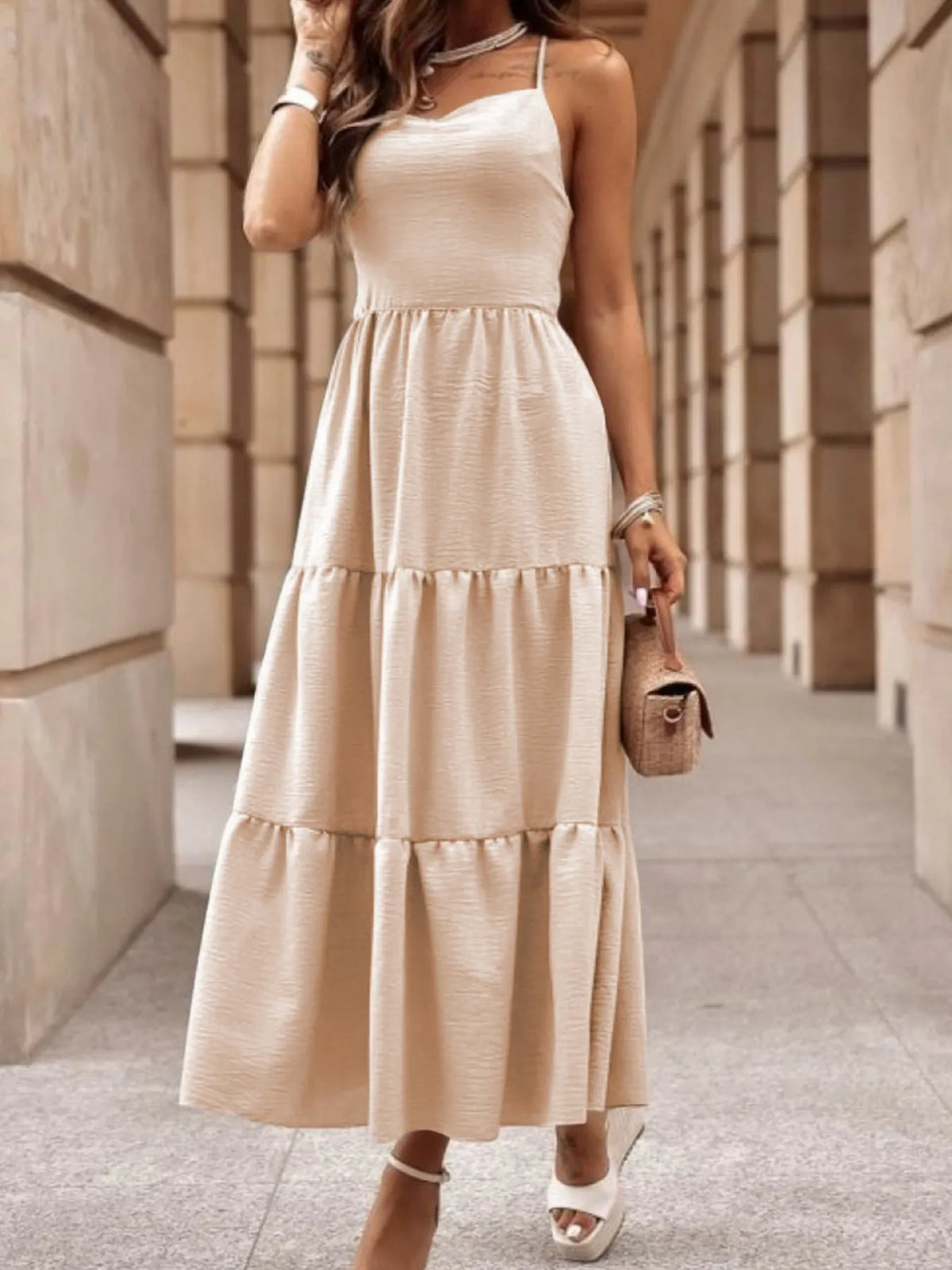 Crossover Backless Bodice Tiered Maxi Dress - Ladyez