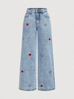 Embroidered Heart Wide-Leg Jeans