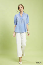 Umgee Textured Check Ruffle V-Neck Blouse