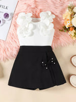 Children's Floral Applique Top & Bow Decor Skirt Set