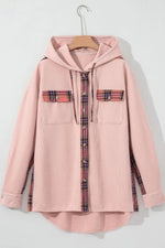 Waffle Knit Plaid Patchwork Drawstring Hooded Shacket