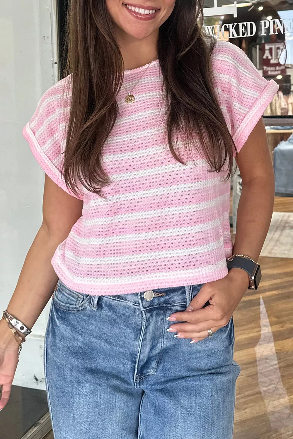 Striped Print Waffle Knit T Shirt