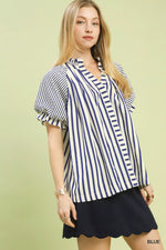 Umgee Striped Notched Top with Short Flutter Sleeves