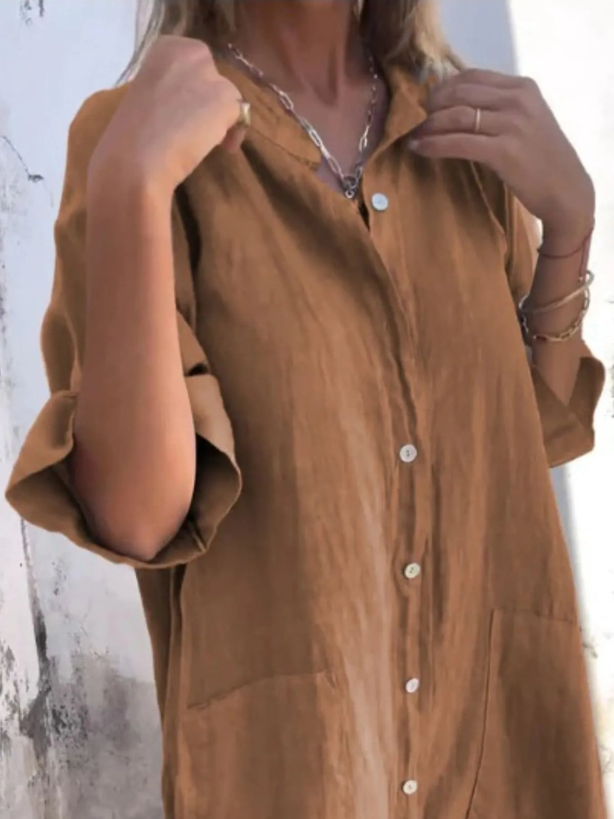 Full Size Casual Linen Button-Down Shirt Dress Plus Size - Ladyez