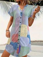 Geometric V-Neck Short Sleeve Button-Front Dress