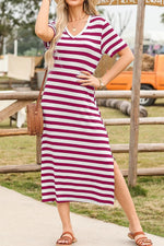 Casual Striped V-Neck Midi T-Shirt Dress