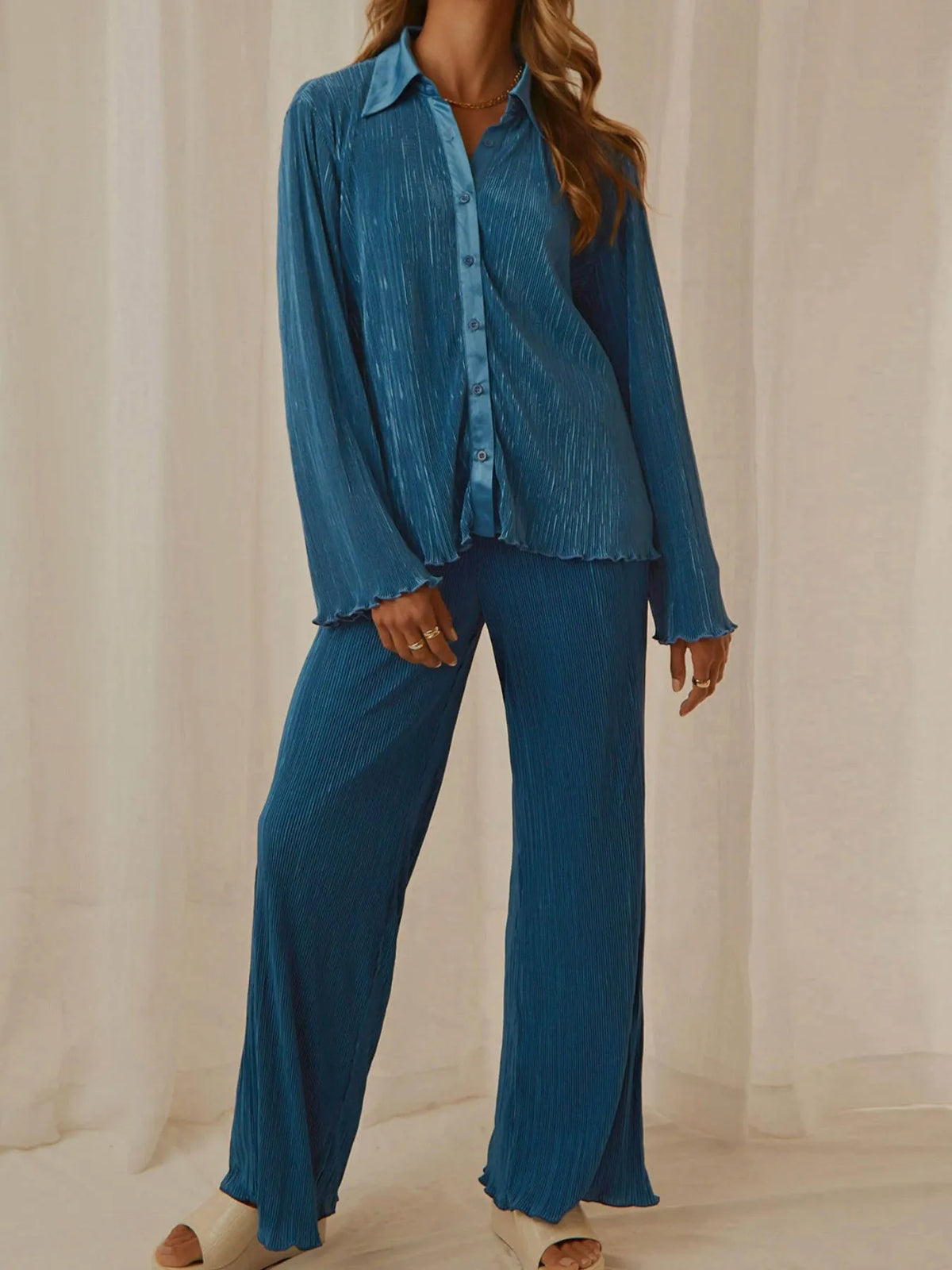 Button Up Long Sleeve Top and Pants Set
