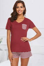 Striped Short Sleeve Top and Shorts Lounge Set - Ladyez