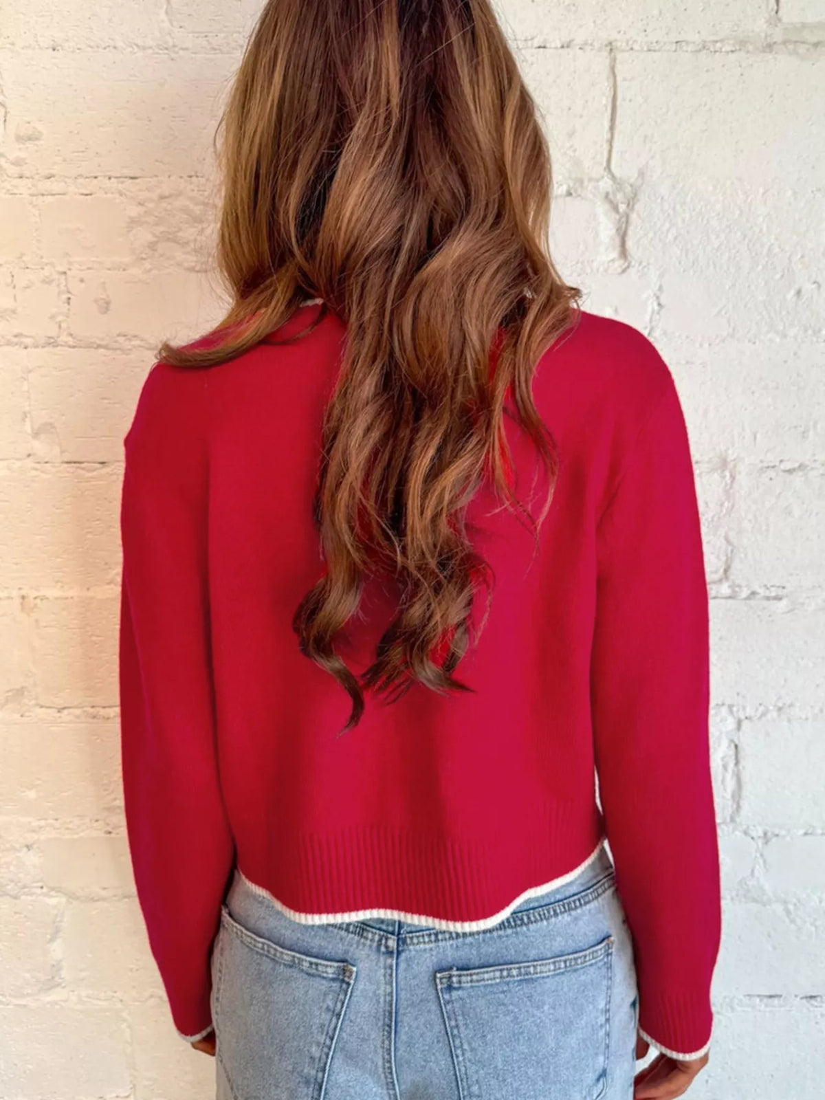Contrast Trim Bow Accent Holiday Cropped Sweater
