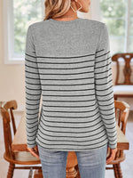 Lovelet Quarter Button Striped Round Neck Long Sleeve T-Shirt - Ladyez