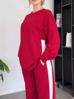 Full Size Contrast Round Neck Top and Pants Set Plus Size