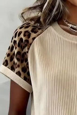 Ribbed Color Block Leopard Contrast Sleeve Loose Tee