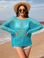 Openwork Slit Boat Neck Long Sleeve Cover-Up - Ladyez