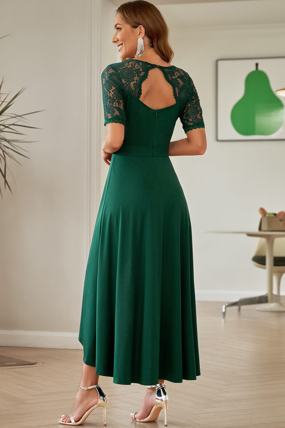 Lace Cutout V-Neck Short Sleeve Dress - Ladyez