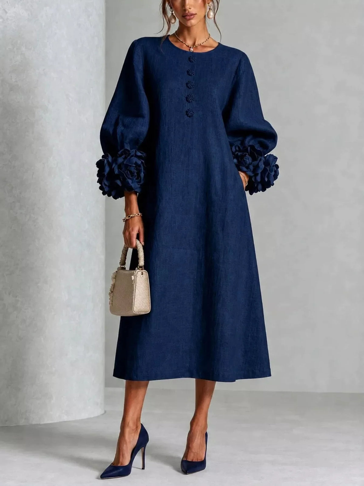 3D Floral Round Neck Midi Dress