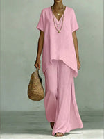 Full Size V-Neck Top and Wide-Leg Pants Set Plus Size