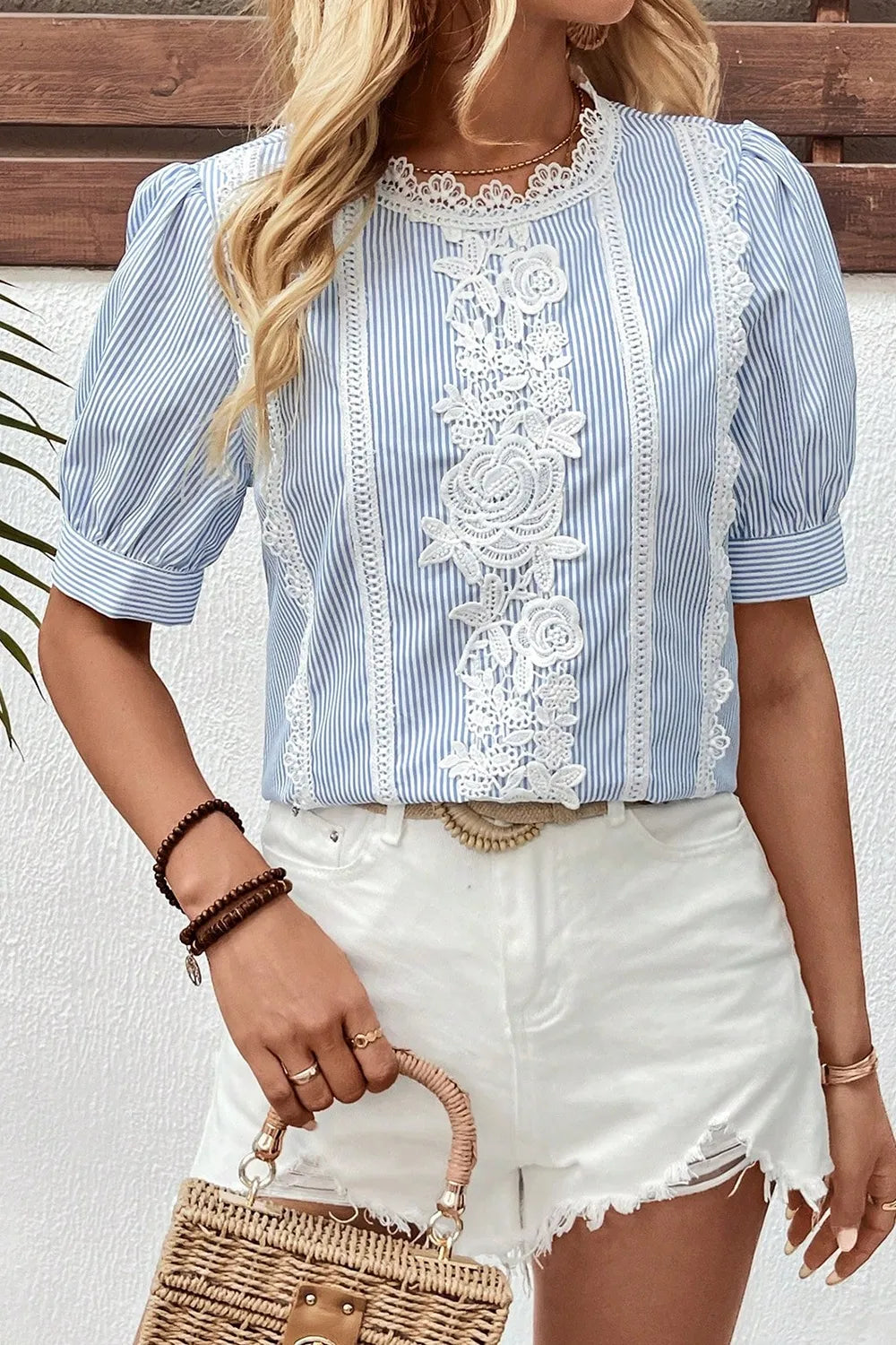 Lace Detail Striped Round Neck Half Sleeve Blouse - Ladyez