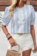 Lace Detail Striped Round Neck Half Sleeve Blouse - Ladyez