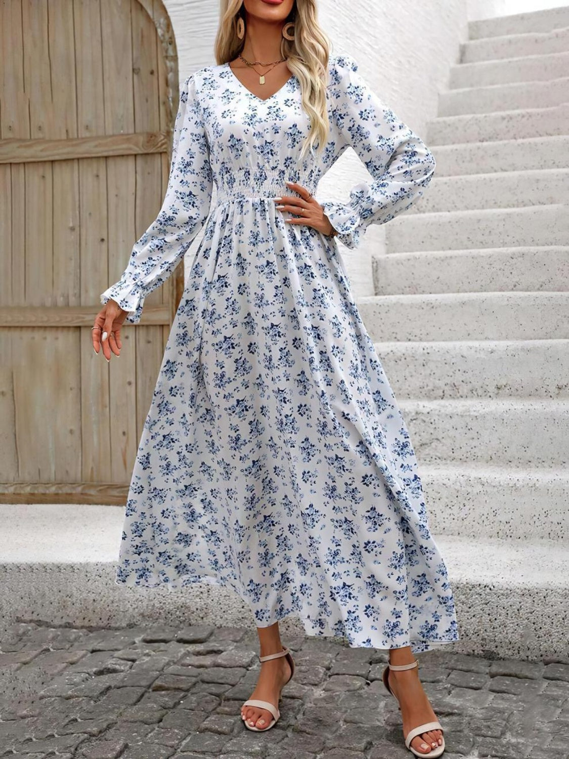 Smocked Printed V-Neck Flounce Sleeve Dress - Ladyez