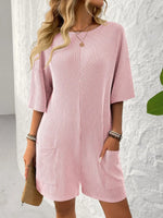 Backless Textured Round Neck Half Sleeve Romper