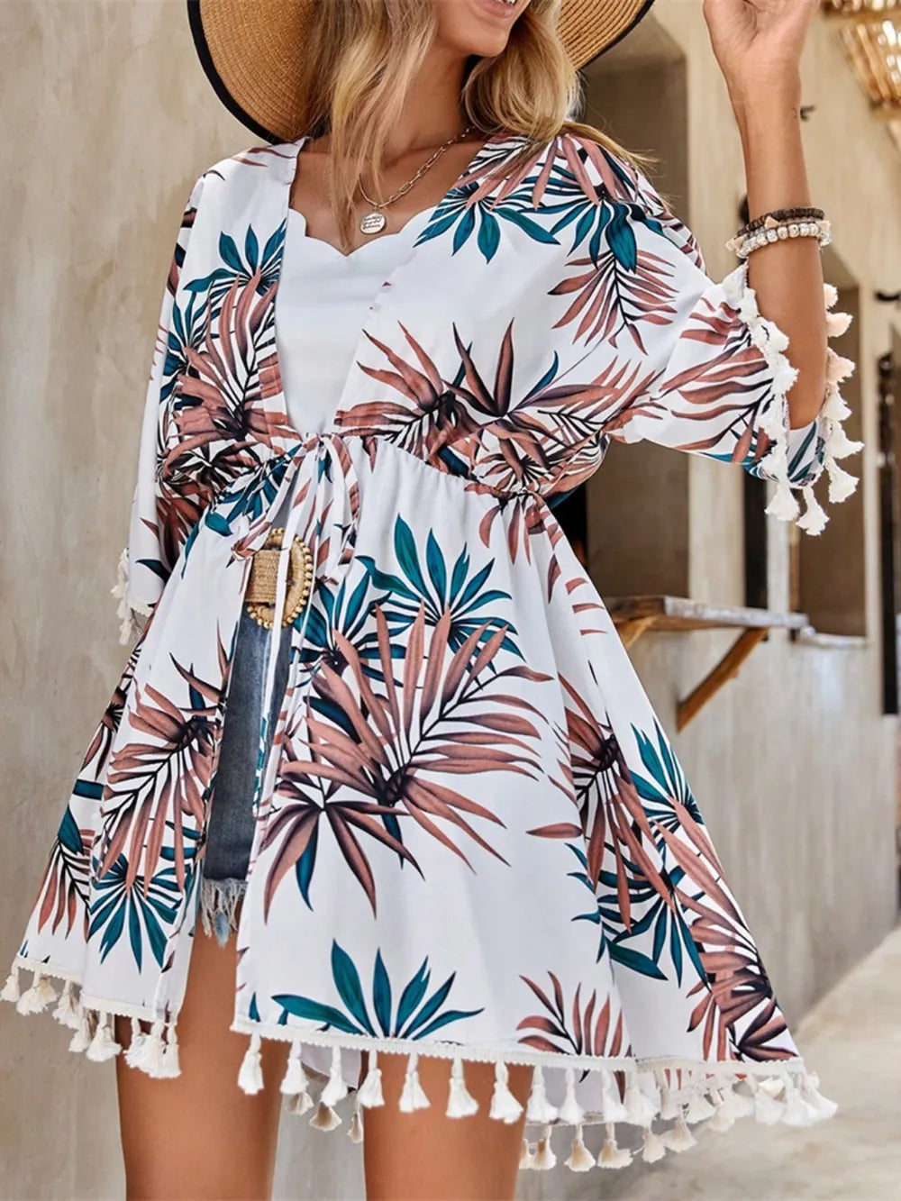 Tassel Tied Printed Half Sleeve Cover Up - Ladyez