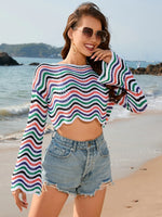 Striped Boat Neck Long Sleeve Cover Up - Ladyez