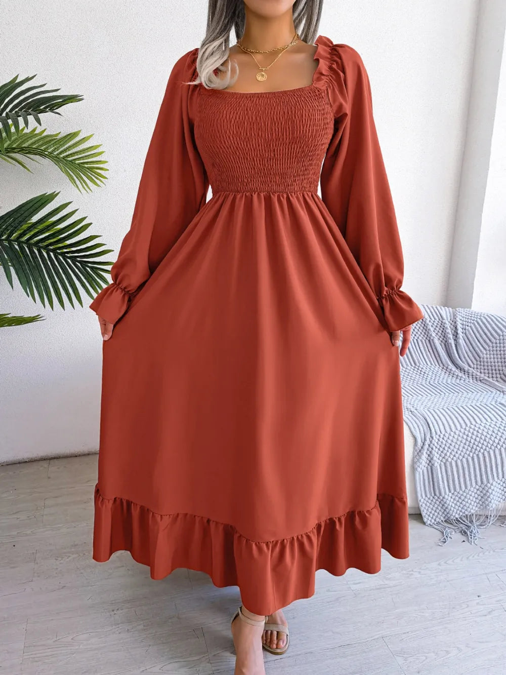 Smocked Square Neck Flounce Sleeve Dress - Ladyez