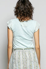 POL V-Neck Lightweight Textured Short Sleeve Knit Top with Lace Trim