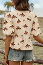 Horse Print Tie-Front Peplum Blouse - Ladyez