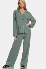 Zenana Button Down Long Sleeve Top and Pants Lounge Set - Ladyez