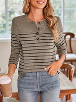 Lovelet Quarter Button Striped Round Neck Long Sleeve T-Shirt - Ladyez