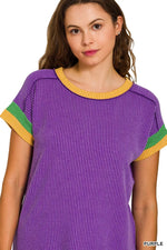 Zenana Mardi Gras Raised Rib Contrast Trim Top