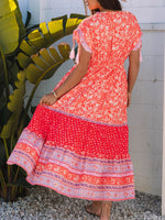 Floral Print Tasseled Tied Sleeve Empire Waist Dress