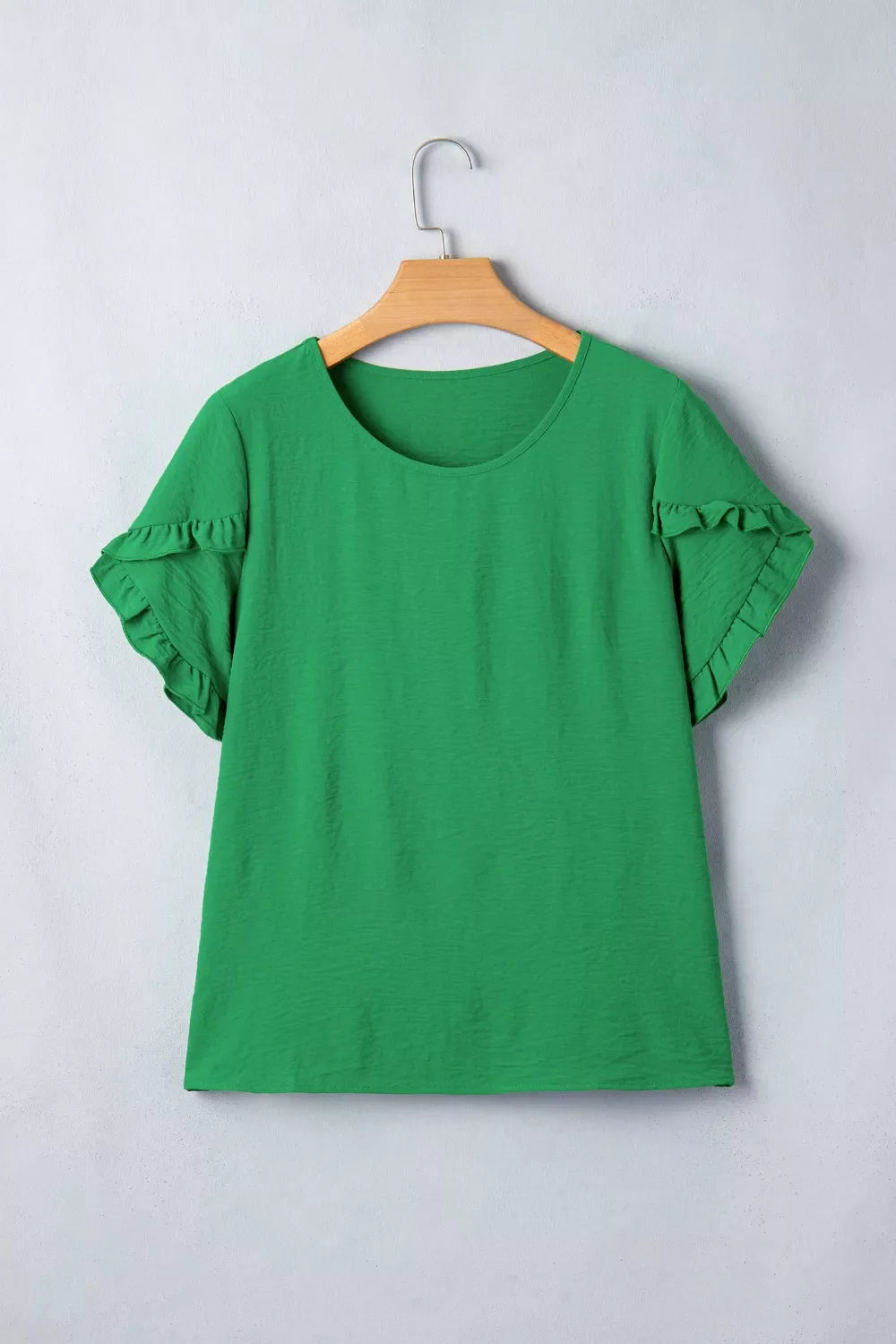 Solid Color Ruffle Trim Short Sleeve Blouse