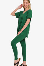 Zenana V-Neck Rolled Short Sleeve T-Shirt and Leggings Lounge Set - Ladyez