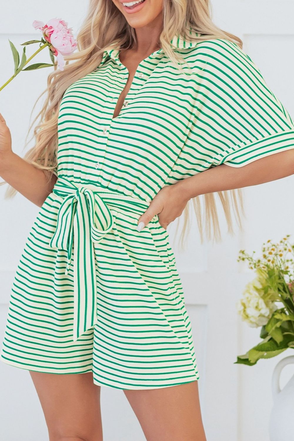 Striped Half Sleeve Tie Waist Romper - Ladyez