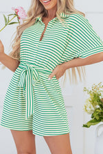 Striped Half Sleeve Tie Waist Romper - Ladyez