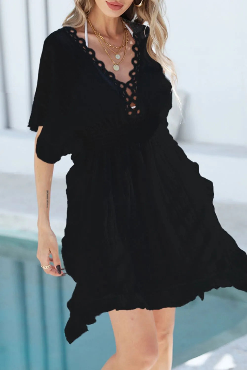 Ruffled Smocked Waist V-Neck Cover-Up - Ladyez