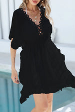 Ruffled Smocked Waist V-Neck Cover-Up - Ladyez