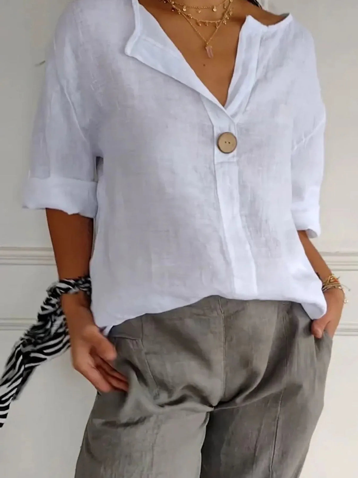Full Size Linen Blend Notched Blouse Plus Size - Ladyez