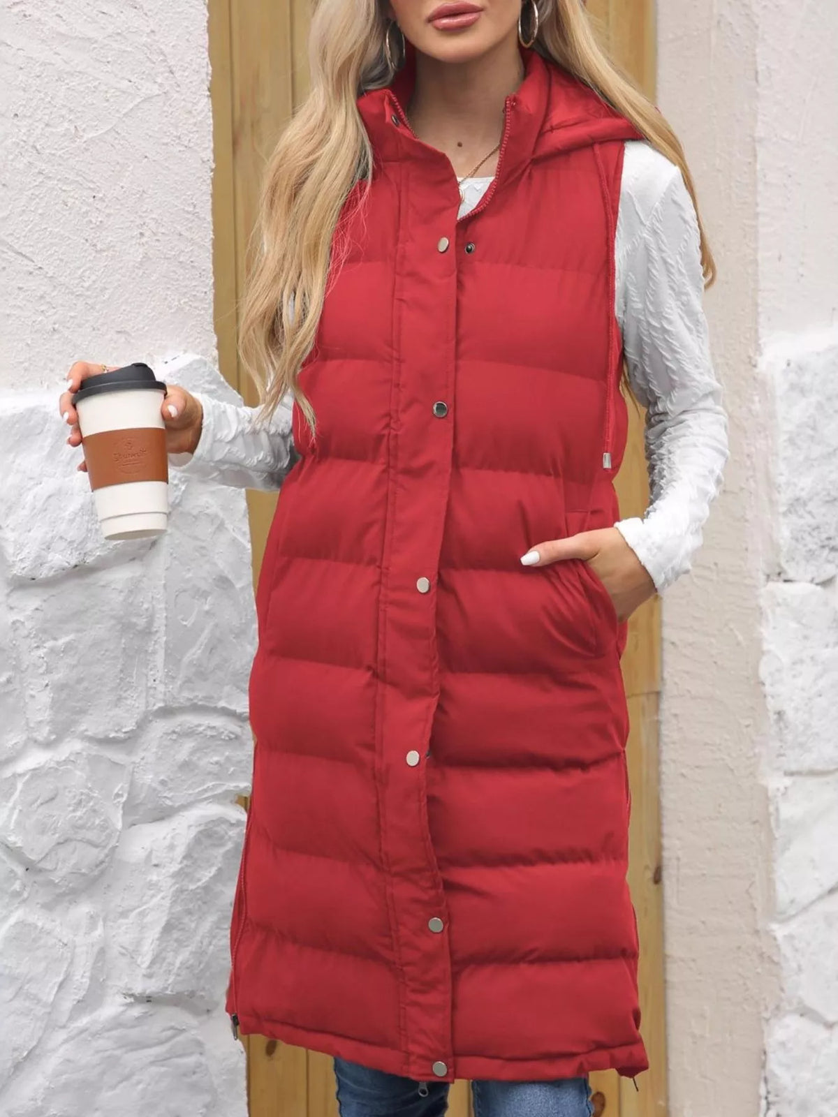 Full Size Snap Down Hooded Padded Longline Vest Coat Plus Size